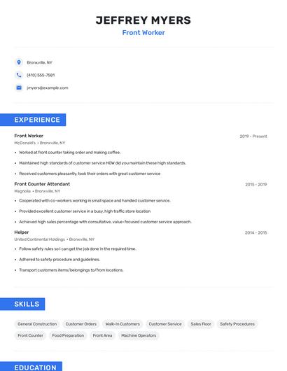 Front Worker Resume