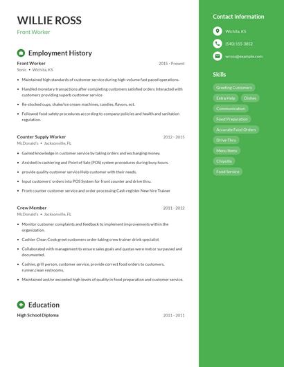 Front Worker Resume