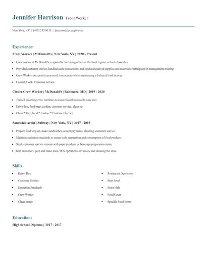 Front Worker Resume