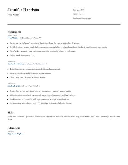 Front Worker Resume
