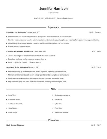 Front Worker Resume