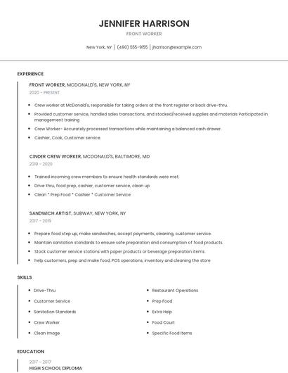 Front Worker Resume