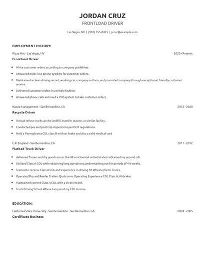 Frontload Driver Resume