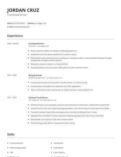 Frontload Driver Resume