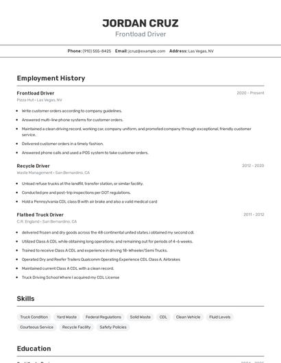 Frontload Driver Resume