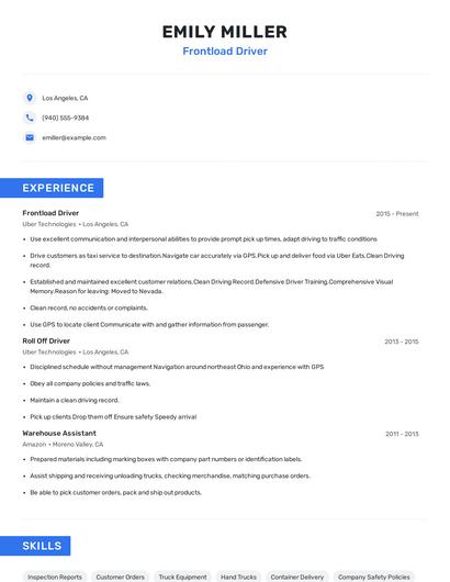 Frontload Driver Resume