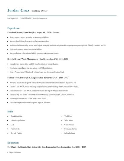 Frontload Driver Resume