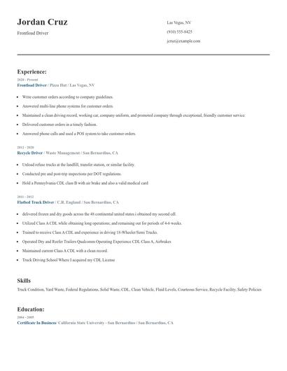 Frontload Driver Resume