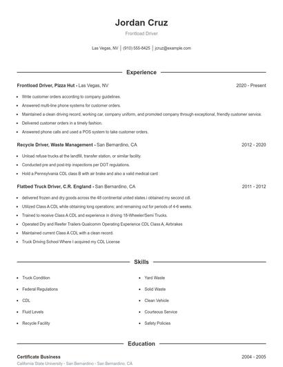 Frontload Driver Resume