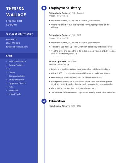 Frozen Food Selector Resume
