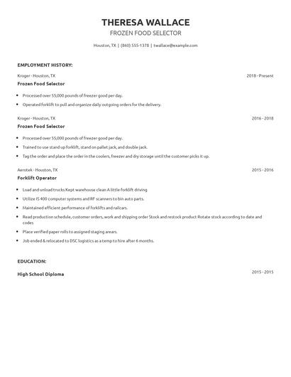 Frozen Food Selector Resume