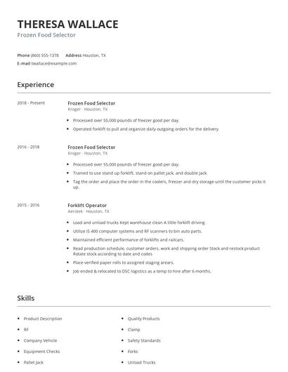 Frozen Food Selector Resume