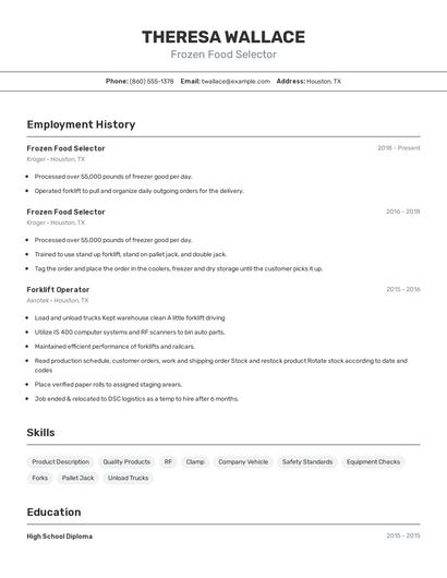 Frozen Food Selector Resume
