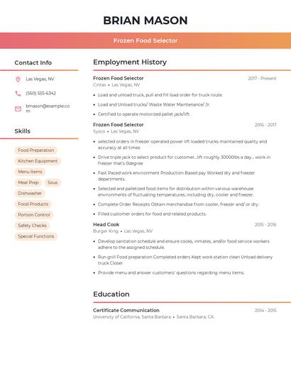 Frozen Food Selector Resume