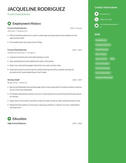 Frozen Food Selector Resume