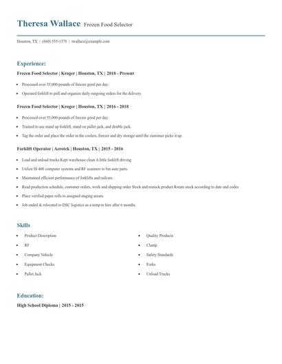 Frozen Food Selector Resume