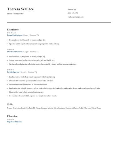Frozen Food Selector Resume