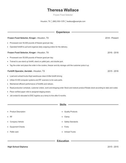 Frozen Food Selector Resume