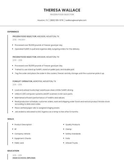 Frozen Food Selector Resume