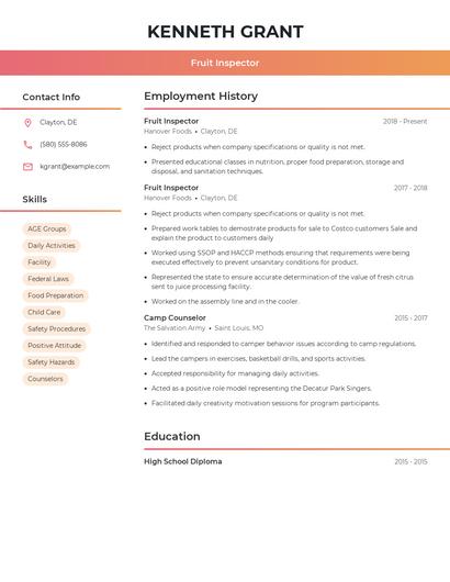 Fruit Inspector Resume