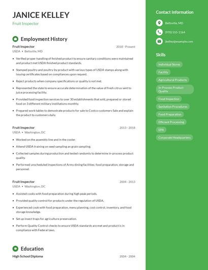 Fruit Inspector Resume