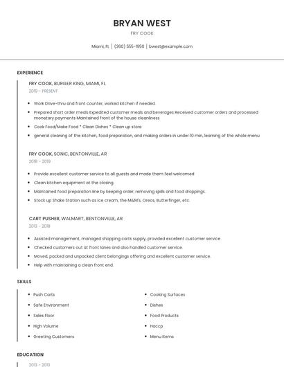 Fry Cook Resume