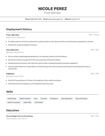 Fryer Operator Resume