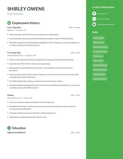 Fryer Operator Resume
