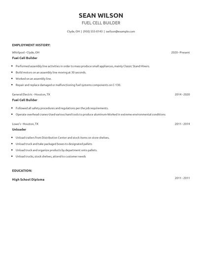 Fuel Cell Builder Resume