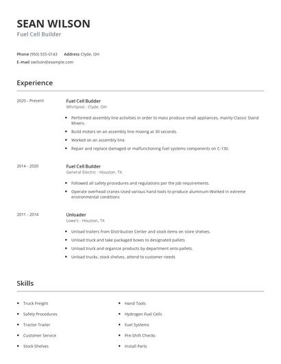 Fuel Cell Builder Resume