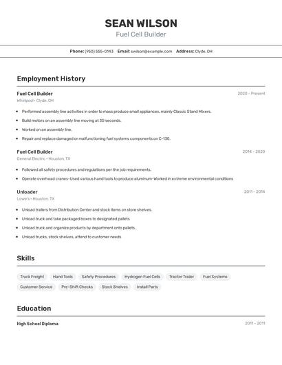 Fuel Cell Builder Resume