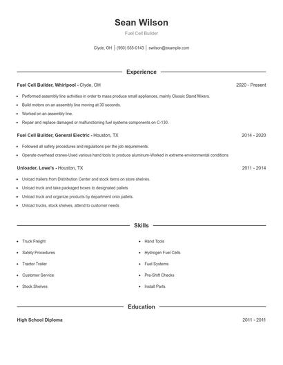 Fuel Cell Builder Resume
