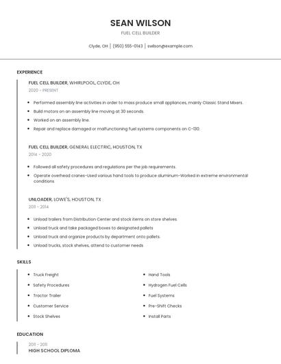 Fuel Cell Builder Resume