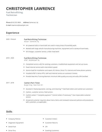 Fuel Retrofitting Technician Resume