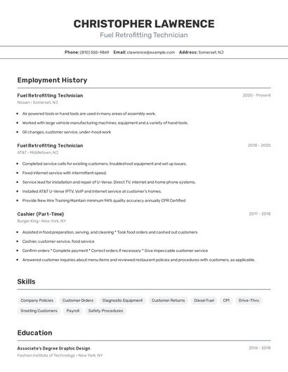 Fuel Retrofitting Technician Resume