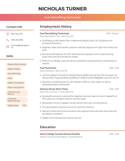 Fuel Retrofitting Technician Resume