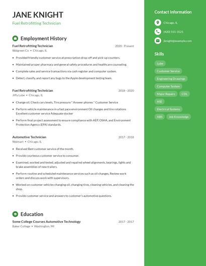 Fuel Retrofitting Technician Resume