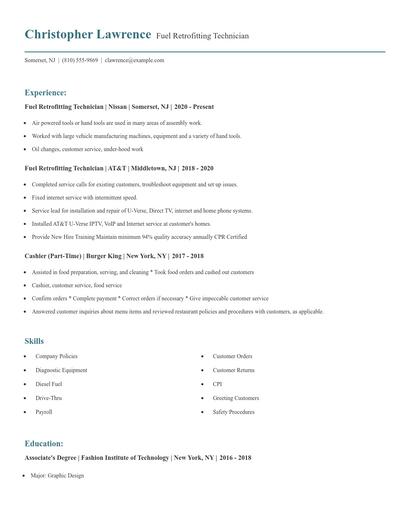 Fuel Retrofitting Technician Resume