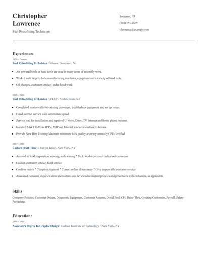 Fuel Retrofitting Technician Resume
