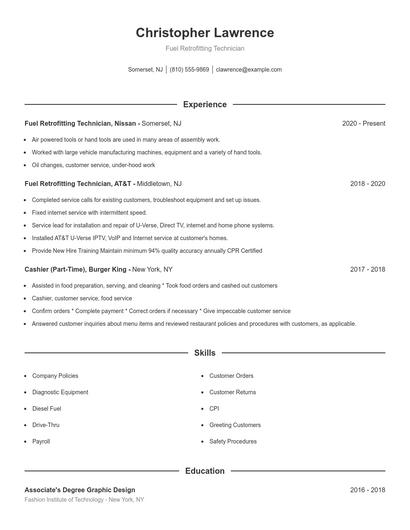 Fuel Retrofitting Technician Resume