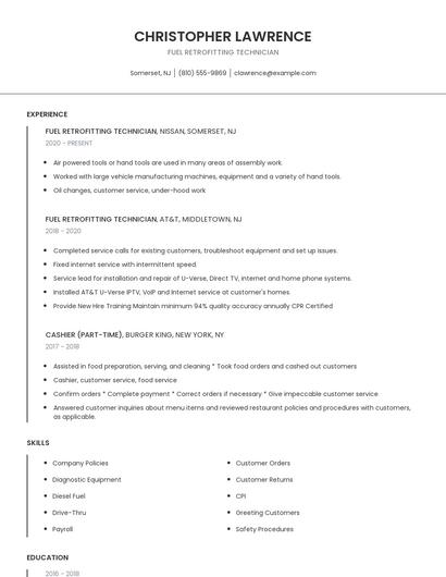 Fuel Retrofitting Technician Resume