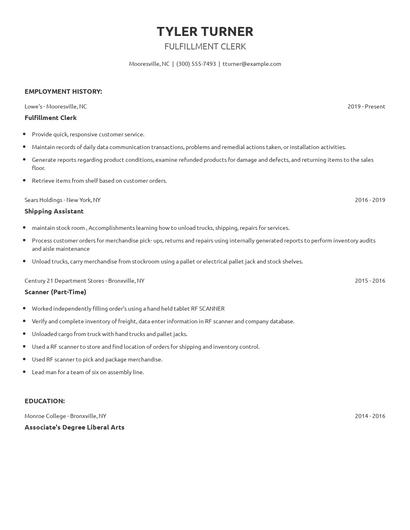 Fulfillment Clerk Resume