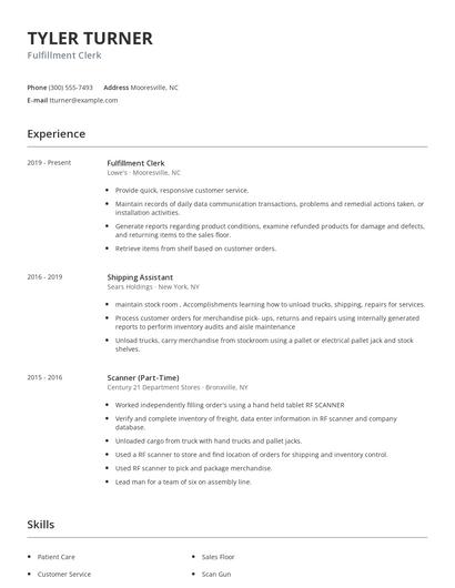 Fulfillment Clerk Resume