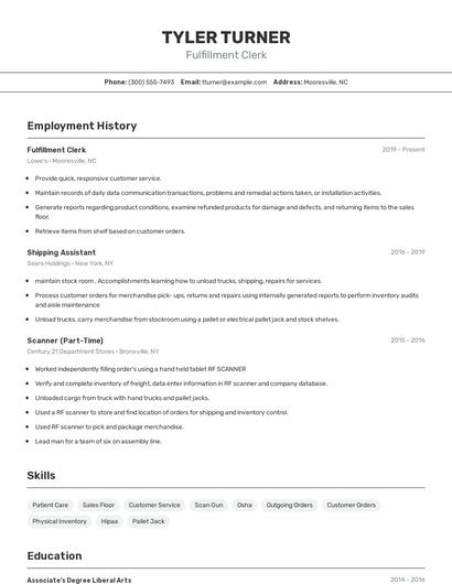 Fulfillment Clerk Resume
