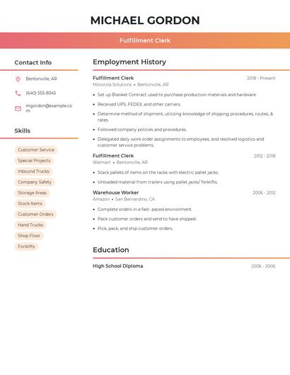 Fulfillment Clerk Resume
