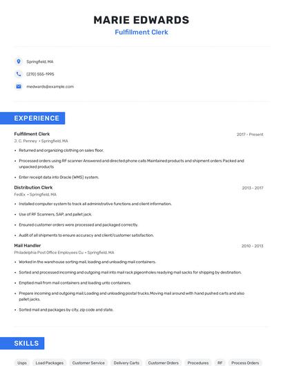 Fulfillment Clerk Resume