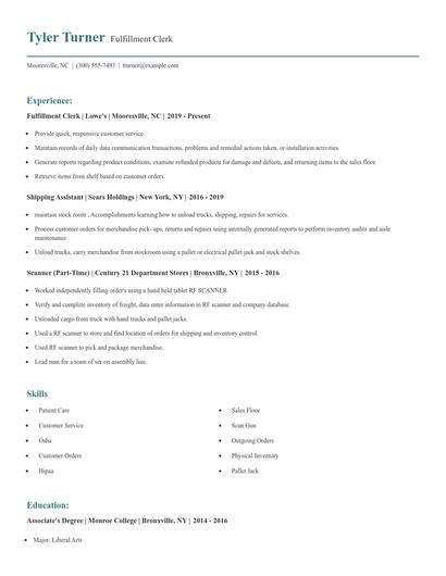 Fulfillment Clerk Resume