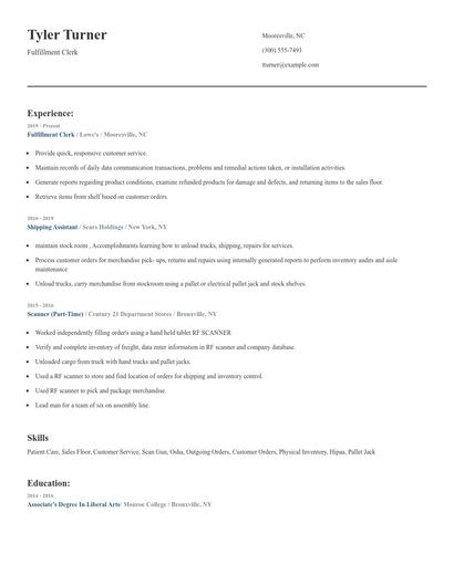 Fulfillment Clerk Resume