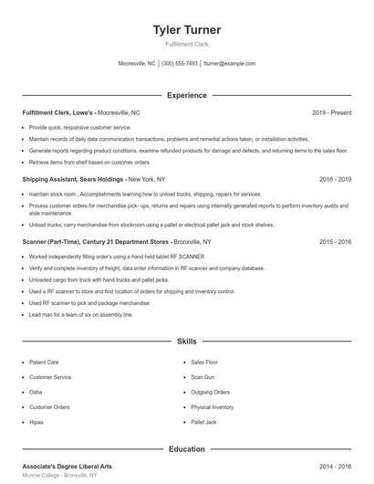 Fulfillment Clerk Resume