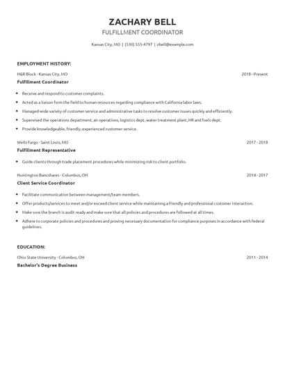 Fulfillment Coordinator Resume